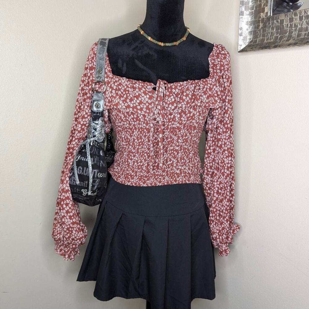 Burgundy and white floral smock top large